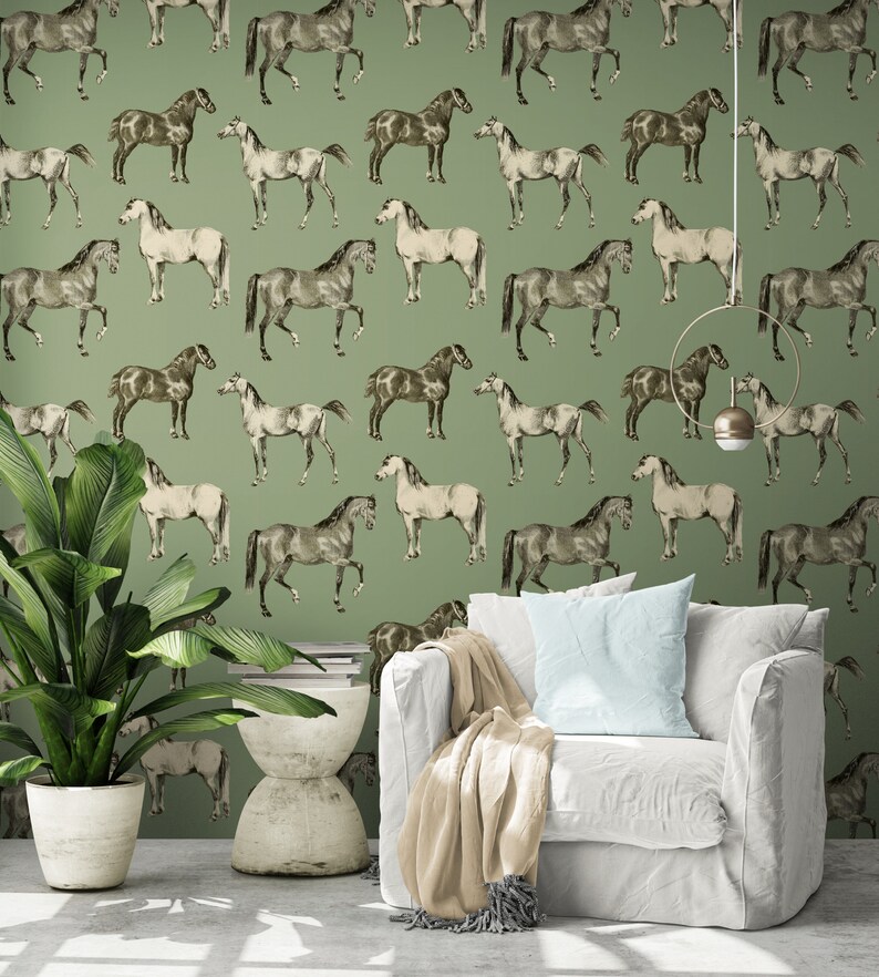Sage Green Wall Paper Farm Wallpaper With Horses Farmhouse Etsy