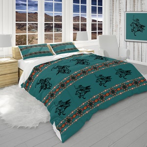 Teal Bedding Set, Southwestern Comforter, King, Queen, Twin, Twin XL Size with Boho Pillow Shams, Southwest Bedroom Decor