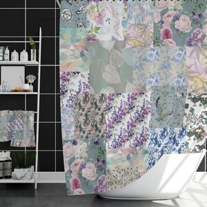 May include: A patchwork shower curtain with a floral design. The curtain features a variety of floral patterns, including roses, leaves, and vines. The curtain is made of a soft, water-resistant fabric.