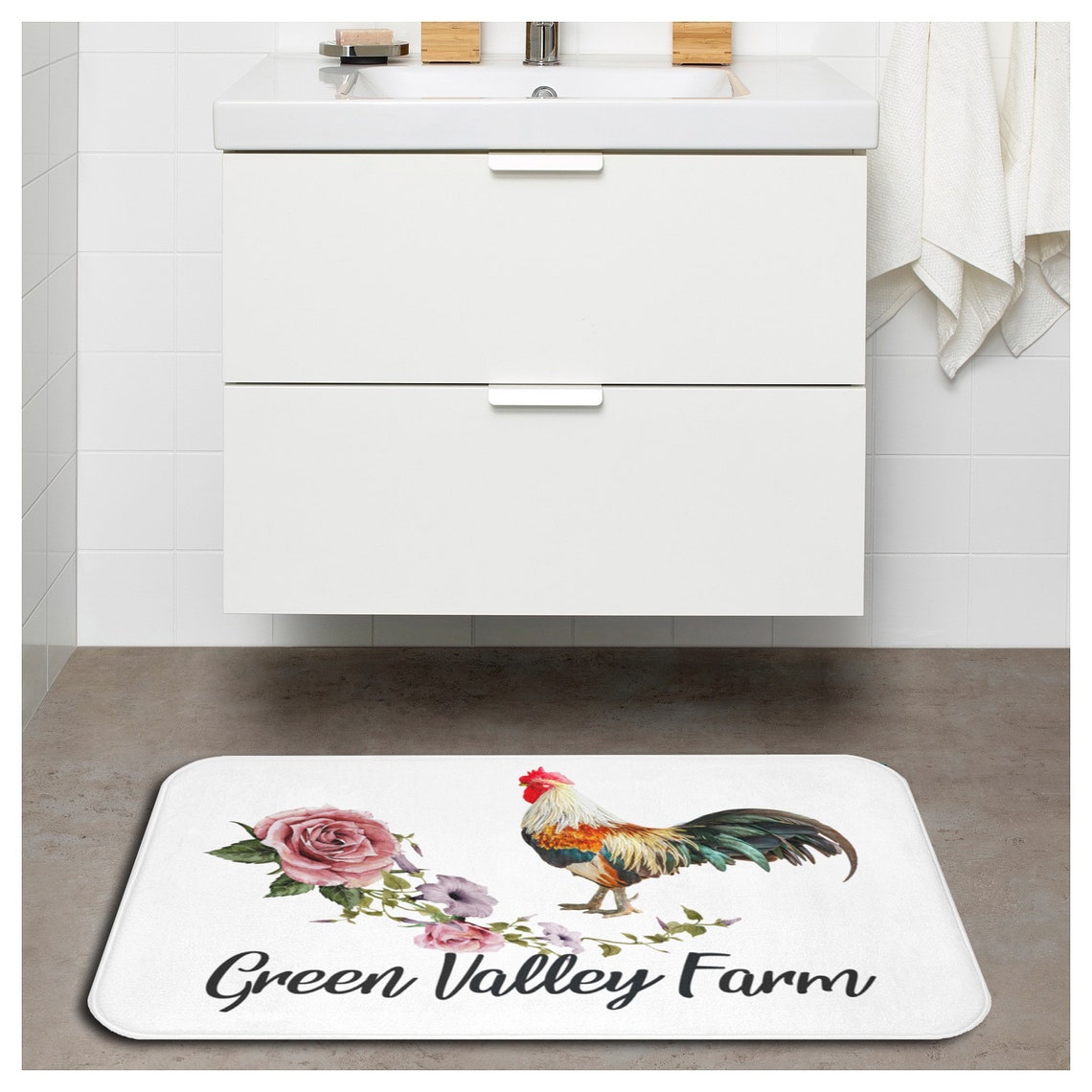 Personalized Bath Mat Farmhouse Bath Rug With Cock Farm Name Etsy