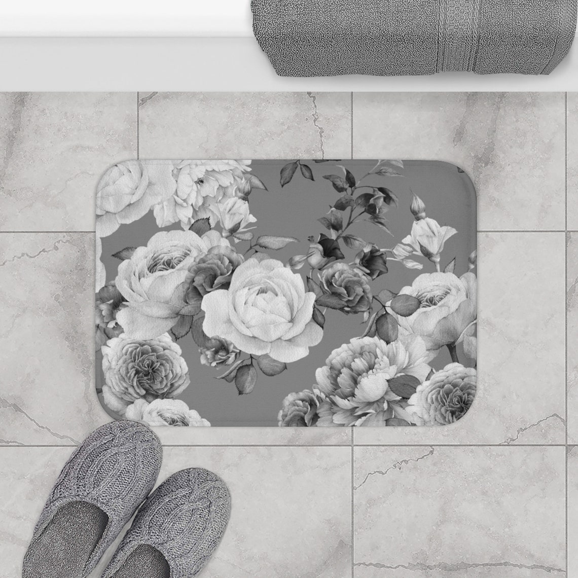 Bath Mat Floral Black and White Bath Rug With Flowers Etsy