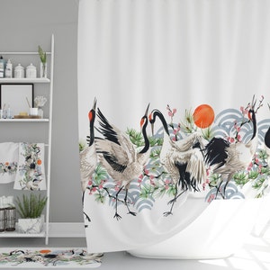 Birds Shower Curtain, Bath Curtain with Cranes, Japanese Bath Decor