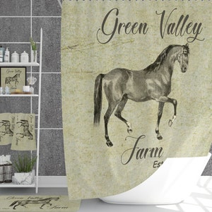 Horse Shower Curtain, Personalized Farm House Bathroom Decor, Farmhouse Chic Bathroom, Shabby Gray Green Curtain