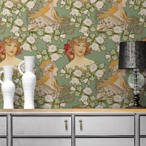Art Nouveau Wall Paper, Art Deco Wallpaper, Mucha Women Wall Décor, Peonies Wall Paper Peel and Stick, Bedroom Wall Paper