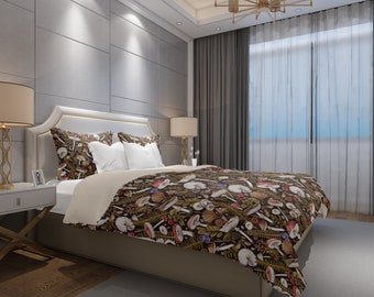 Mushroom Duvet Cover and Pillow Shams, Dark Bedding, Woodland Bedroom Decor