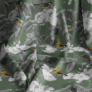 Sage Green Cotton Fabric, Botanical Fabric with Birds, Floral Fabric by the Yard with Rose Flowers, Garden Fabric for Quilting or Sewing