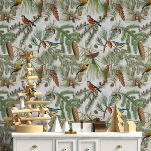 Forest Wallpaper with Birds, Woodland Wall Decal, Botanical Wall Paper Peel and Stick, Cabin wall Decor