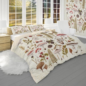 Mushroom Duvet Cover and Pillow Cases, Vintage Botanical Bedding Accessories, Country Bedroom Décor