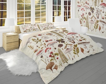Mushroom Duvet Cover and Pillow Cases, Vintage Botanical Bedding Accessories, Country Bedroom Décor