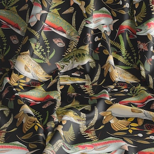 Fish Cotton Fabric, Fishing Fabric by the Yard, Dark Botanical Fabric for Quilting, Sewing and Decor