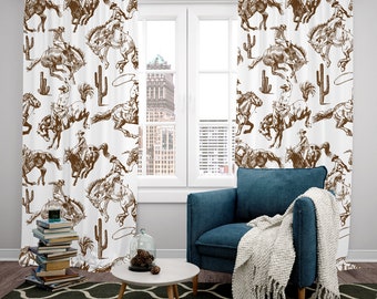Southwest Window Curtains, Southwestern Curtain with Cowboy, Window Panels Sheer or Blackout, Living Room Curtains