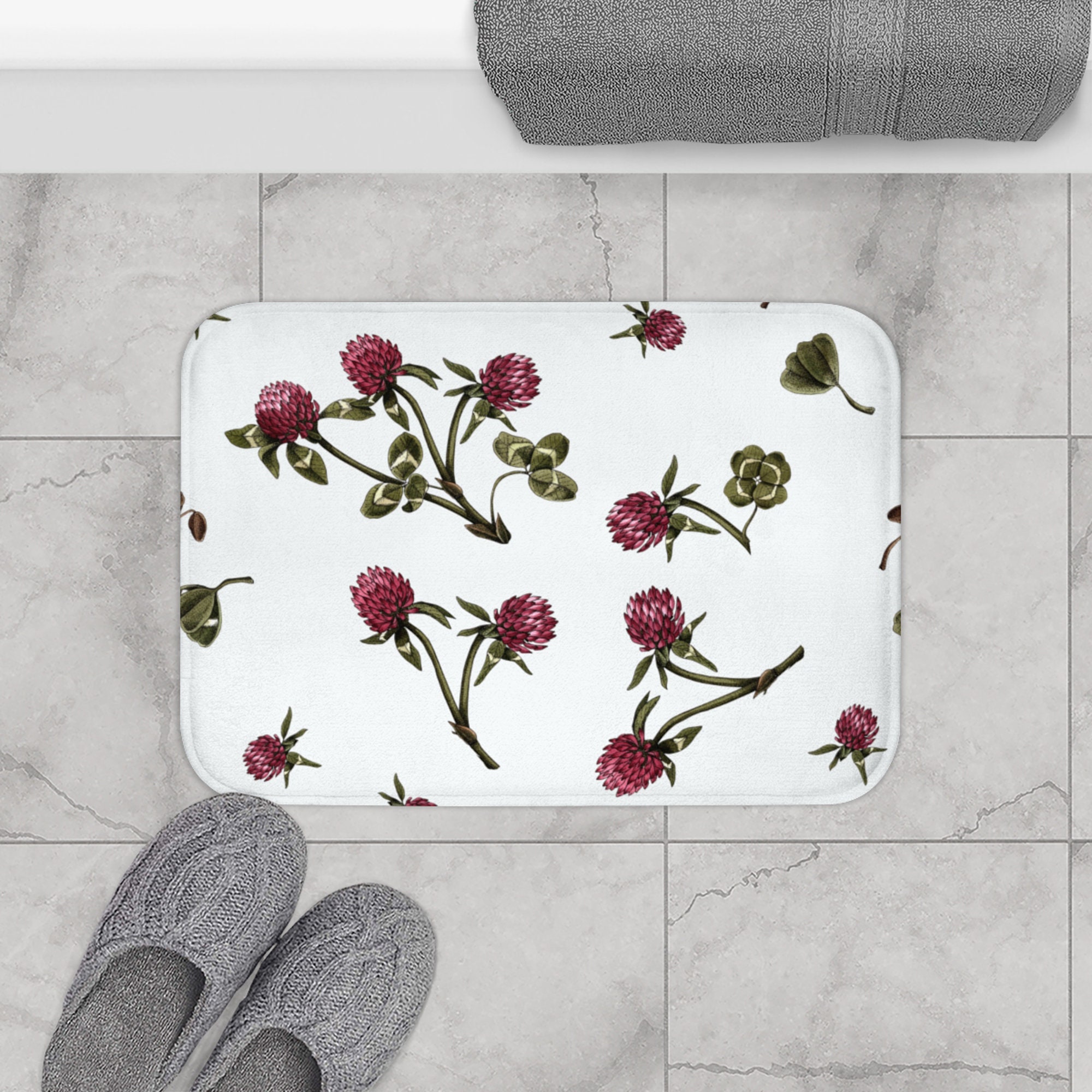 Purple Flowers Bath Mat Country Home Decor White Botanical Etsy