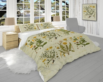 Botanical Bedding Set with Pillow Shams, Comforter Queen, King, Twin Size, Retro Nature Design