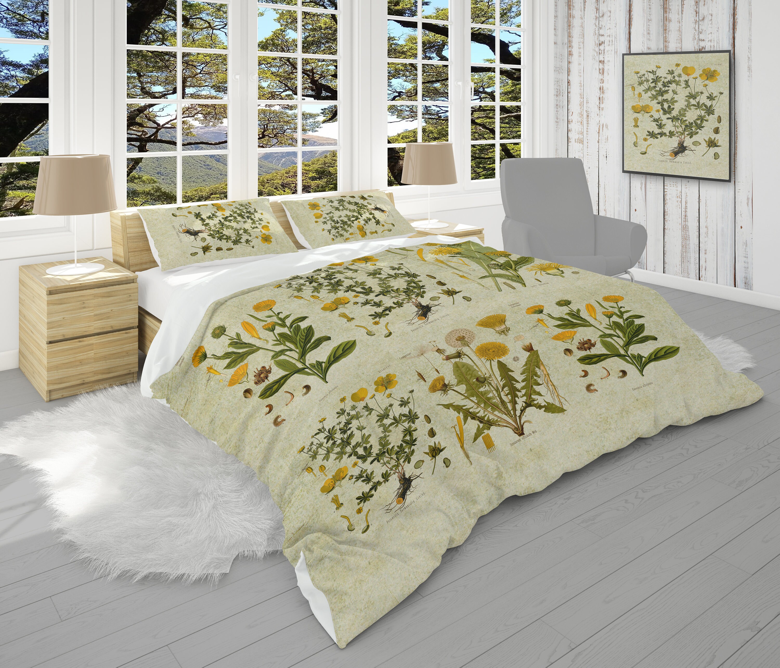 SexyTown - Set di biancheria da letto in cotone, motivo botanico con ramo di albero, 3 pezzi Full/Queen(comforter 90×90) Ramo grigio-bianco