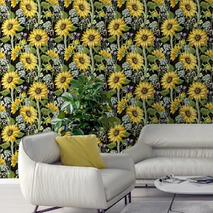Sunflowers Wallpaper, Peel & Stick Decal, Self-adhesive Flowers Wallpaper, Country Farm House Wall Decor