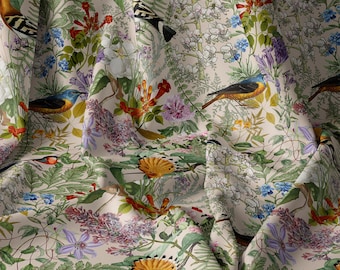 Floral Bird Botanical Print Fabric, Combed Cotton Sewing Material