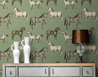 Papier peint de ferme avec des chevaux, décalcomanie murale sauge, papier peint de ferme, papier peint vintage animaux de la ferme