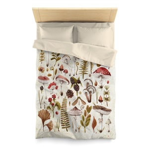 Mushroom Duvet Cover and Pillow Cases, Vintage Botanical Bedding Accessories, Country Bedroom Décor image 3