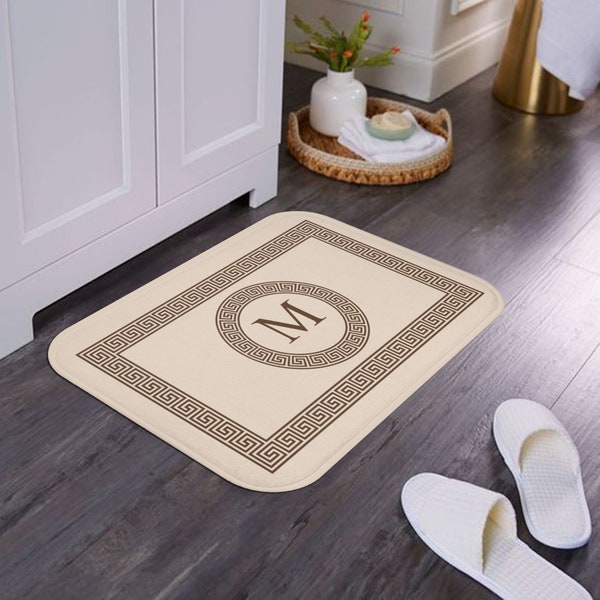 Beige Bath Mat with Monogram, Bath Rug with Greek Key, Personalized Bathmat, Classic Bathroom Decor in Neutral Shades