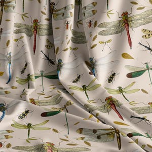 Dragonfly Pima Cotton Fabric, Beige  Botanical Print, Farmhouse Style