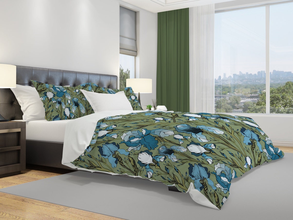 Sage Bedding Set Iris Flowers Comforter and Pillowcases Art Etsy