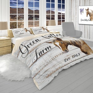 Duvet Cover with Horse, Personalized Duvet Cover and Pillow Shams, Farm House Bedding with Farm Name, Farmhouse Décor