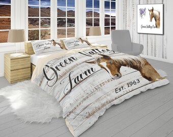 Duvet Cover with Horse, Personalized Duvet Cover and Pillow Shams, Farm House Bedding with Farm Name, Farmhouse Décor