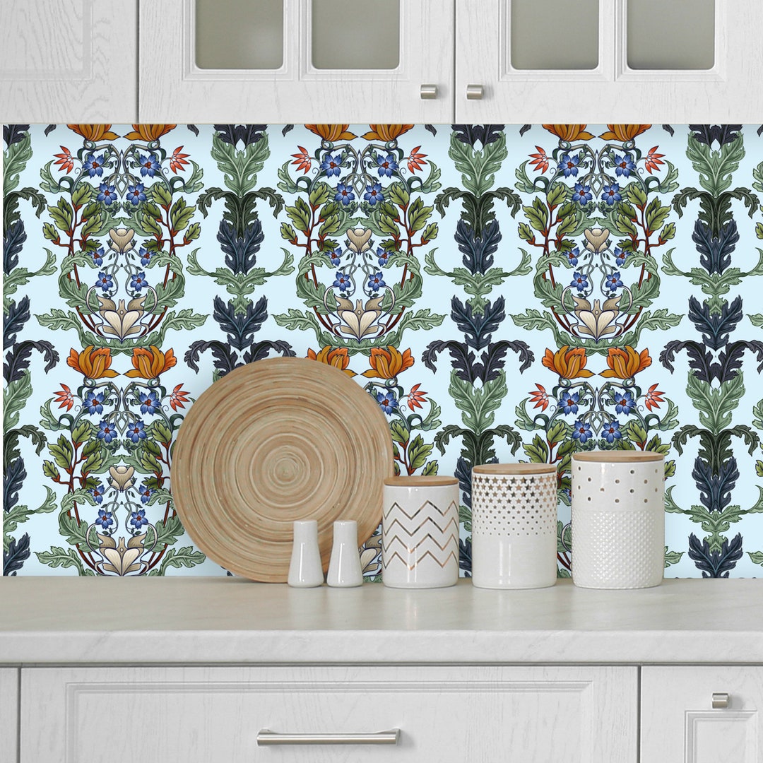 Blue Wallpaper, Art Nouveau Wall Paper, Floral Wall Decor, Art Deco