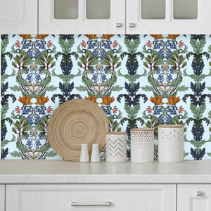 Blue Wallpaper, Art Nouveau Wall Paper, Floral Wall Decor, Art Deco Wallpaper Peel & Stick
