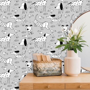 Dog Wallpaper, Funny Wall Decor, Gray Wall Paper Peel and Stick or Traditional, Dogs Wall Decor