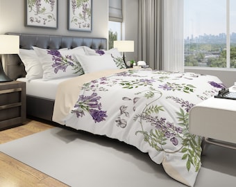 Purple Flowers Duvet Cover and Floral Pillow Shams, White Duvet Cover, Floral Bedding