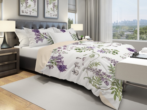 Purple Flowers Duvet Cover and Floral Pillow Shams White Duvet Cover Floral Bedding Etsy Canada