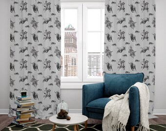 Gray Curtains, Western Window Curtain with Cowboy, Rodeo Curtain with Bull, Window Panels Sheer or Blackout