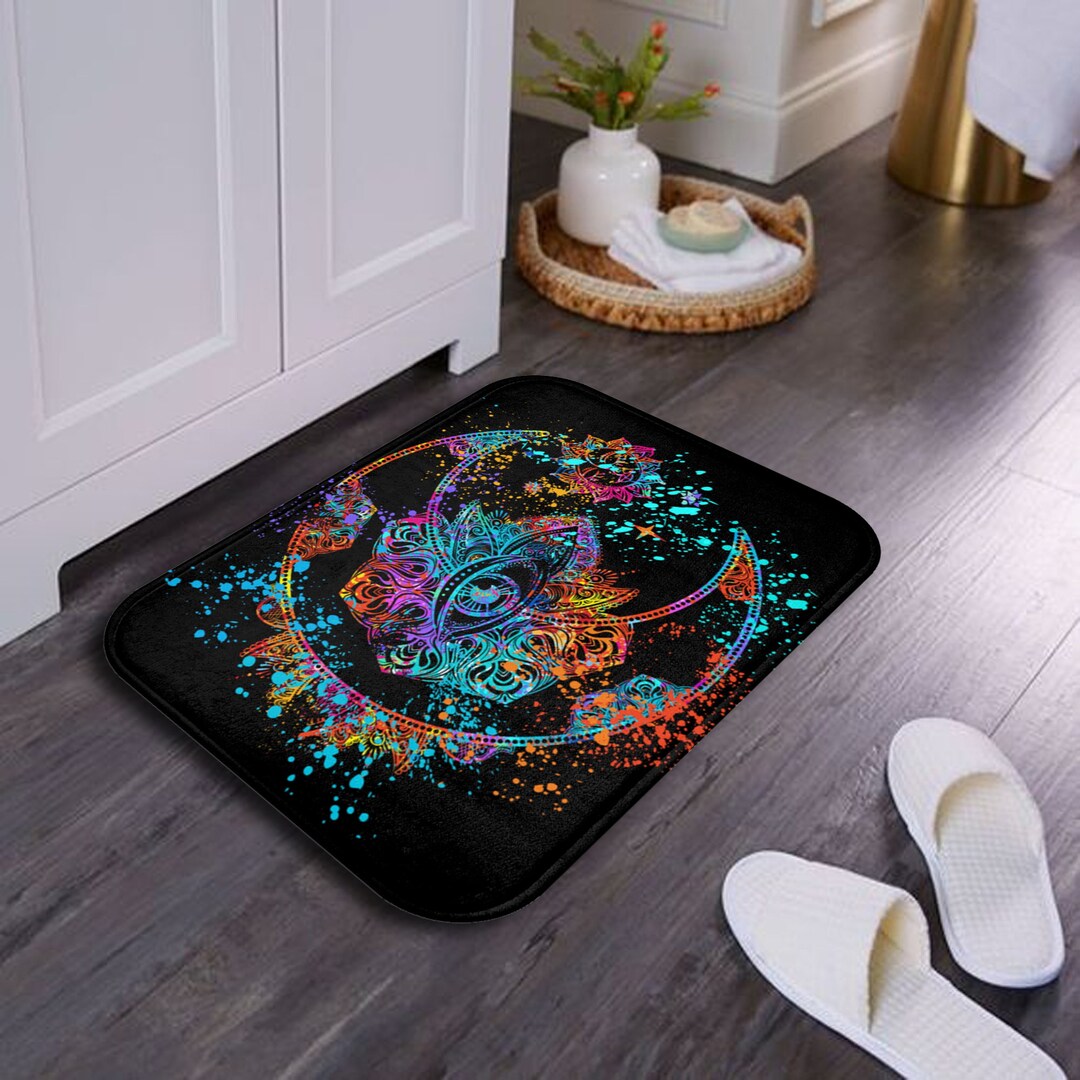 Black Bath Mat, Celestial Bath Rug With Watercolor Moon and Sun, Boho ...