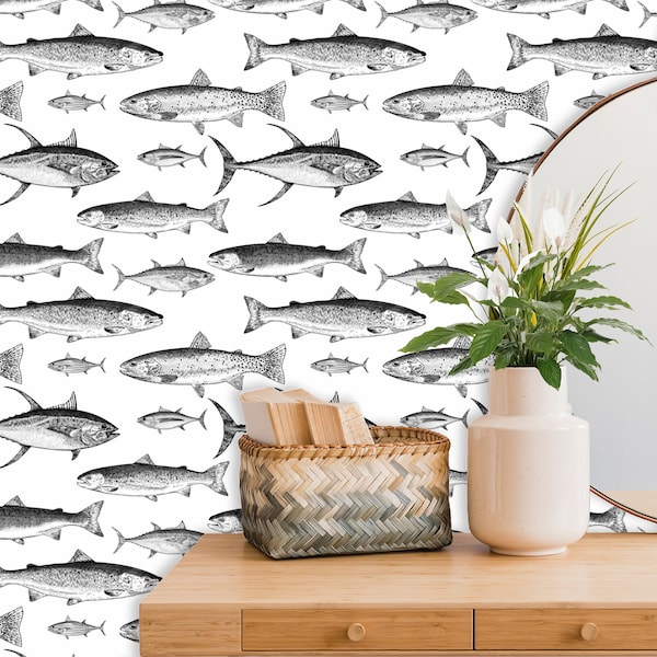 Fish Wallpaper, Cottagecore Decor, Black White Wall Paper, Fishing Decor, Lake House Wall Decor