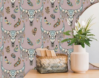 Boho Bull Skull Wallpaper, Pink Southwestern Home Decor