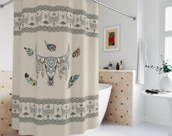 Western Shower Curtain with Bull Skull, Boho Bathroom Secor, Southwestern Home Décor