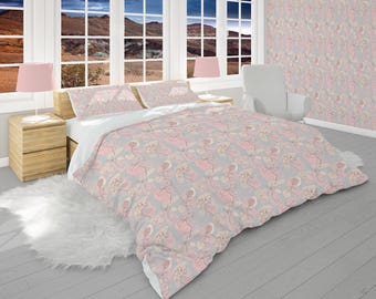 Pink Floral Comforter, Pastel Bedding Set with Pillow Shams, Modern Botanical Bedroom Decor