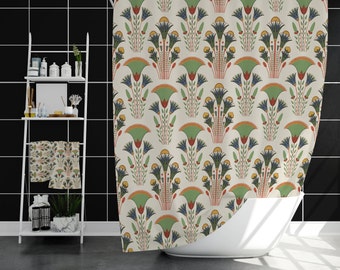 Shower Curtain Art Deco, Lotus Flowers Shower Curtain, Beige with Green and Orange