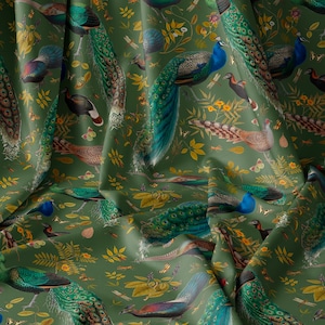 Green Bird Fabric with Peacock, Cotton Fabric by the Yard, Floral Fabric For Sewing, Home Decor, Curtains, Quilting