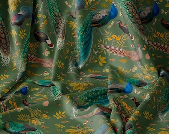 Tissu en coton vert paon : imprimé floral d'oiseaux, couture et courtepointe