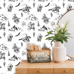 Western Wallpaper, Southwestern Cowboy Wall Paper, Wild West Wall Decor, Black White Wallpaper Peel n Stick