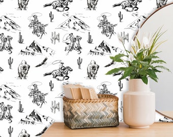 Papier peint western avec bisons et cow-boy du sud-ouest, papier peint noir et blanc, décoration murale Far West