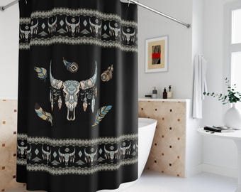 Boho Shower Curtain with Bull Skull, Black Bathroom Accessories, Western Bathroom Décor