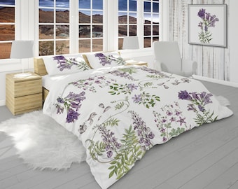 White Comforter Set, Floral Comforter Queen, King, Twin Size, Blue, Purple Flowers Bedding Set with Pillow Shams