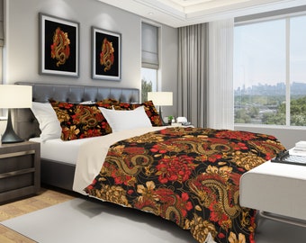 Oriental Dragon Duvet Cover, Chinoiserie Bedding, Queen, Twin Duvet Cover or Pillow Shams in Black and Red