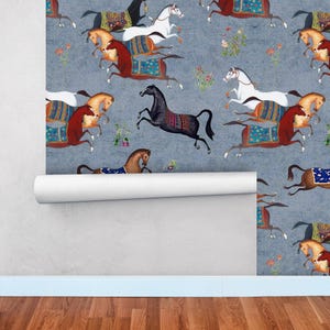 Blue Wallpaper with Horse, Equestrian Decor, Traditional Wall Paper, Oriental Wall Decor