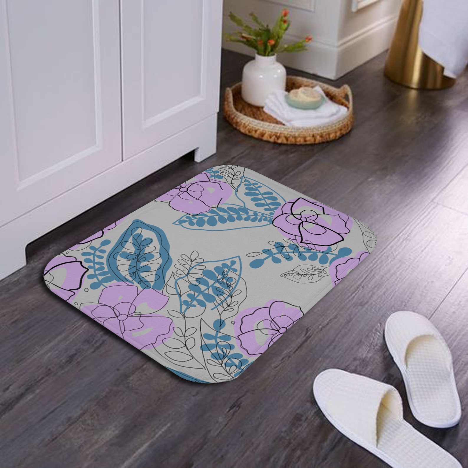 Grey Bath Mat With Lilac Flowers Floral Bath Rug Boho Etsy UK