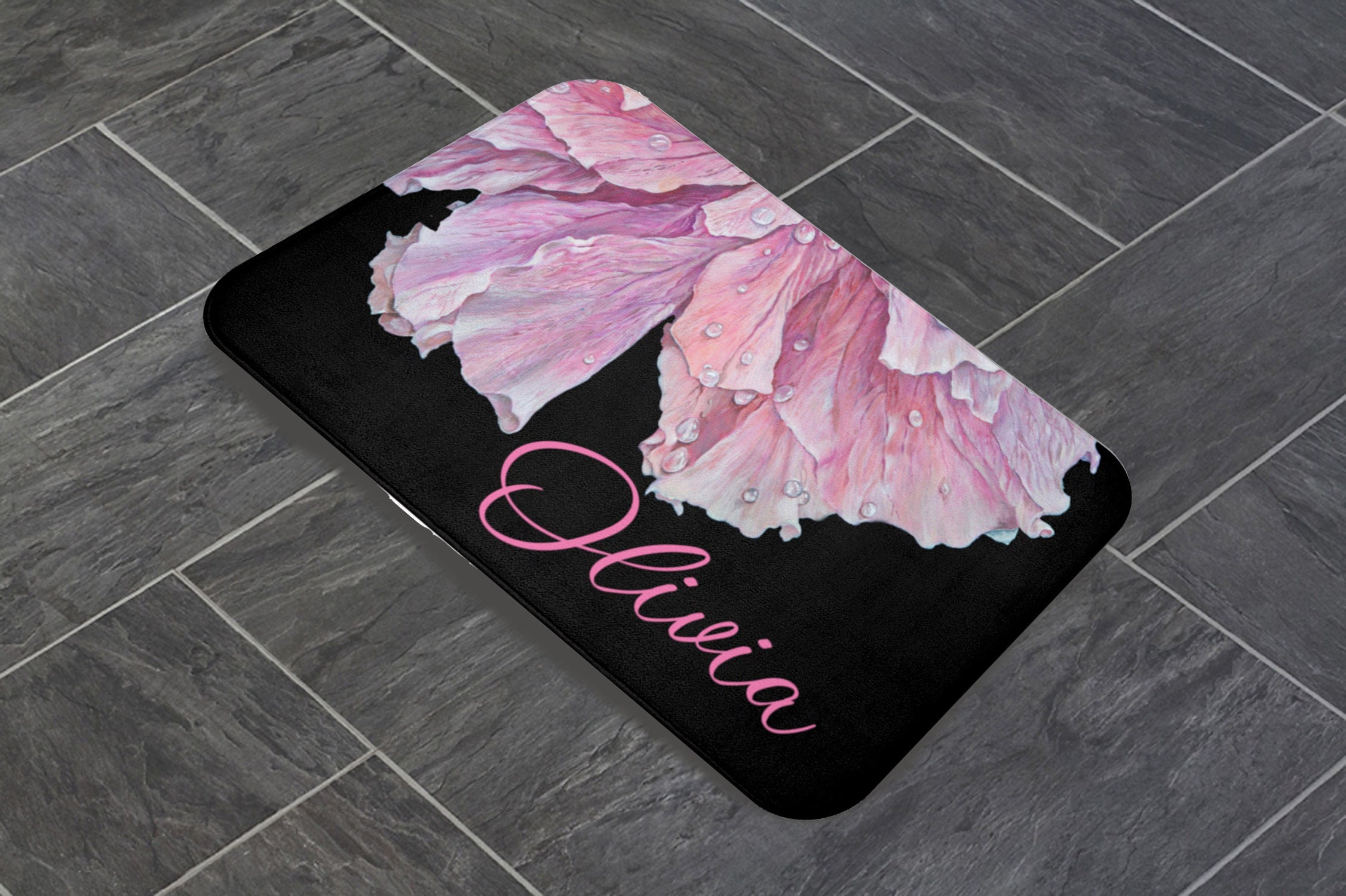 Custom Bath Mat, Floral Bath Rug, Personalized Bathmat, Black With Pink ...