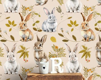 Bunny Wallpaper, Kid Wall Paper with Cute Rabbit, Nursery Wallpaper Peel and Stick, Woodland Animal Decor